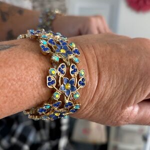 Vintage Shades of Blue AB stones Enamel Gold & Blue Floral Stretch Bracelet